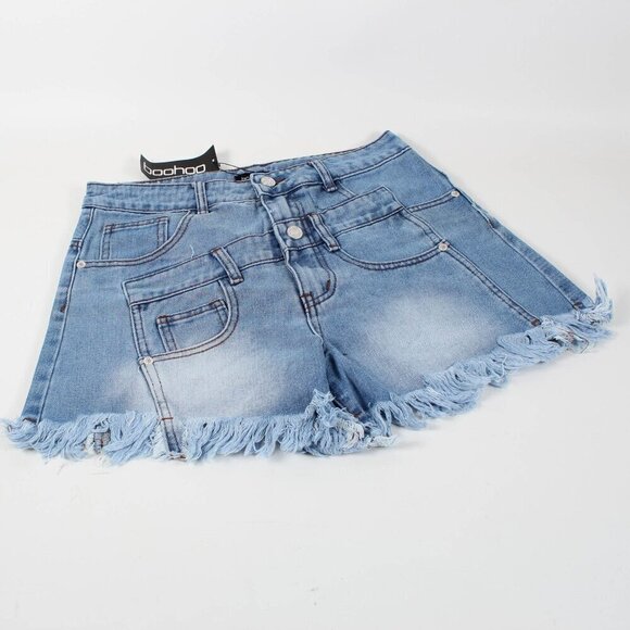 Boohoo Double Waistband Detail Fray Hem Denim Shorts - NWT - Size 6 - Picture 3 of 12